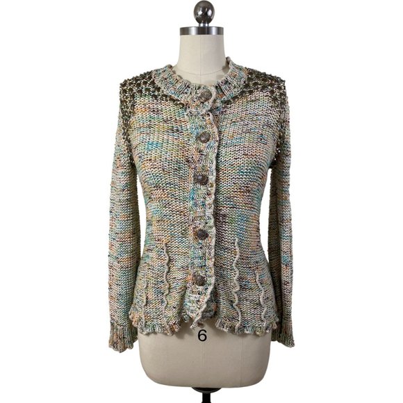 BCBGMaxazria Womens Sweater Cardigan Medium Ivory Sequin Button Down - Picture 2 of 12